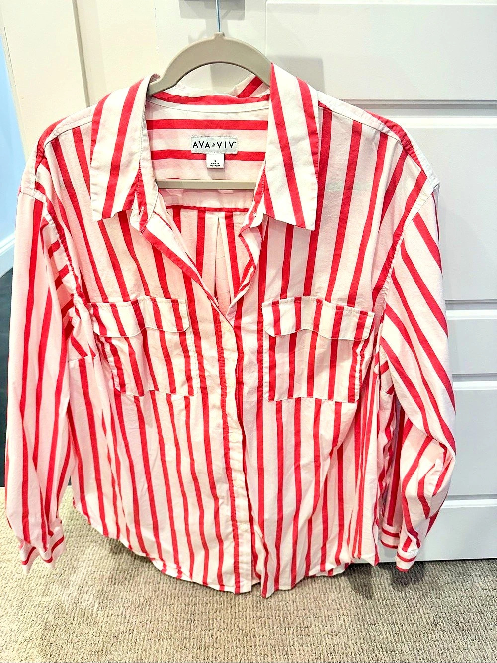 Ava & Viv Striped Button Down Shirt in Red & White 1X